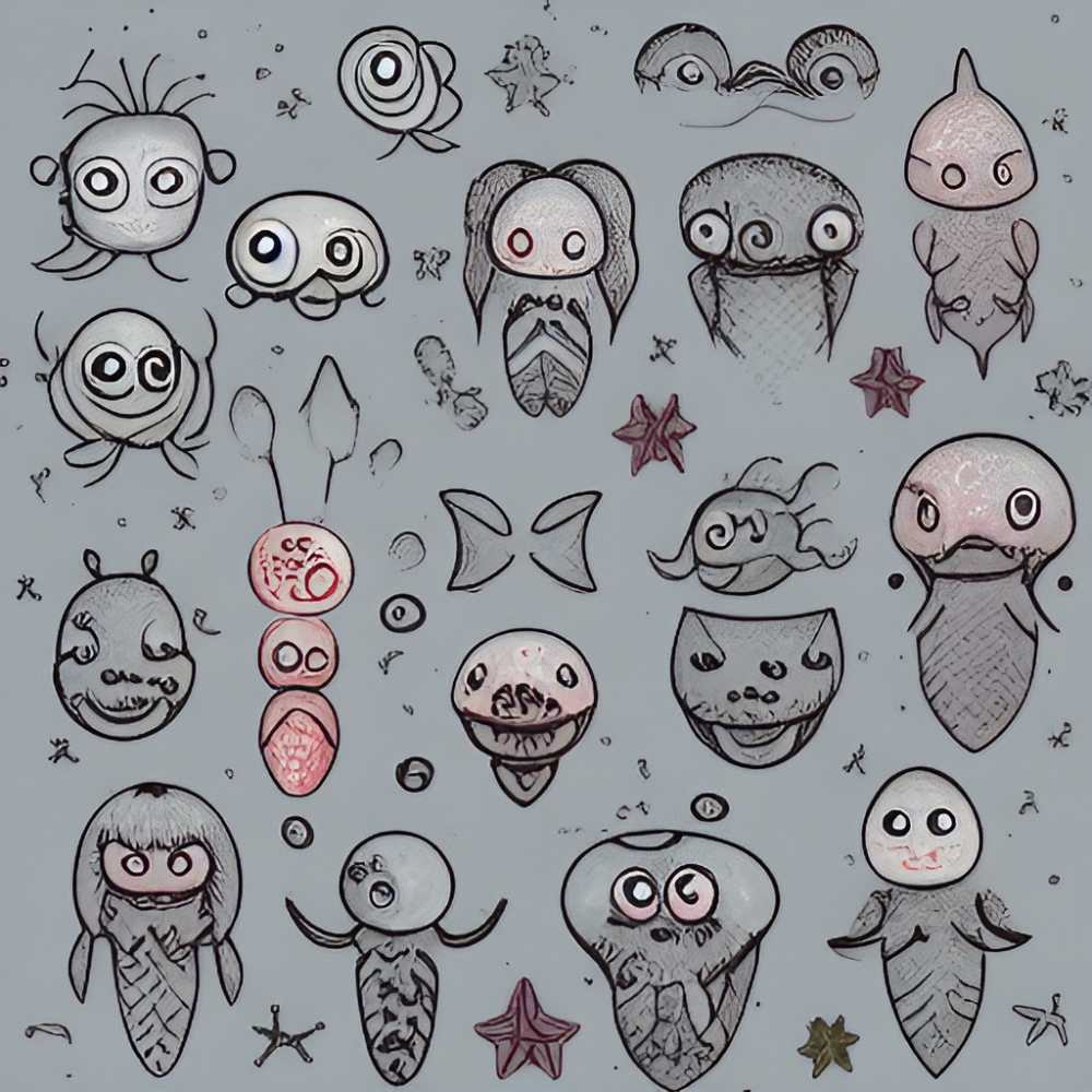 kawaii doodle of cute but creepy sea creatures
