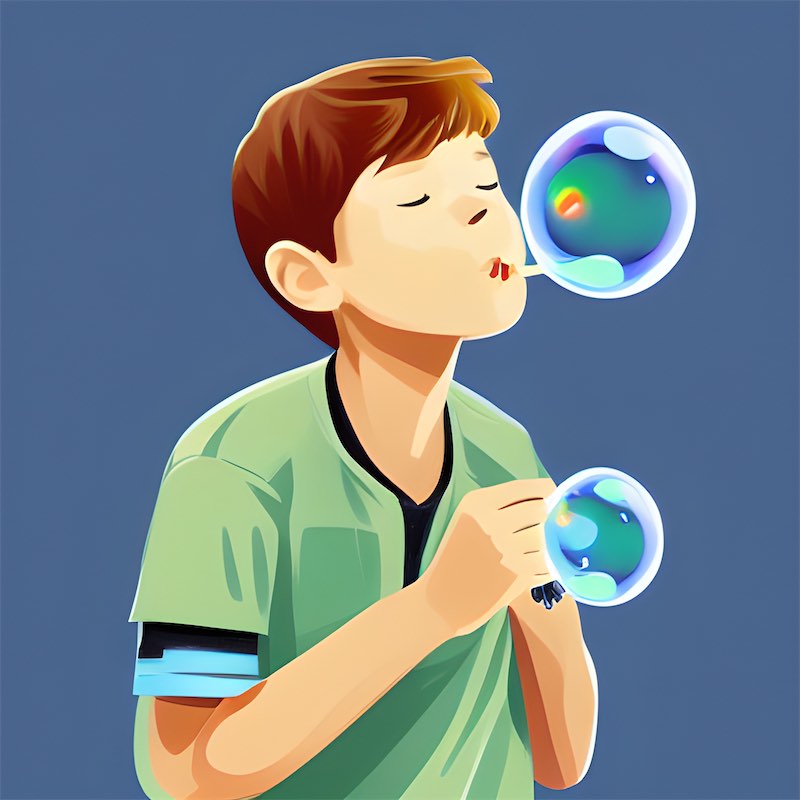 A boy blowing bubbles illustration could be bright and colorful, with a fun and relaxed mood.