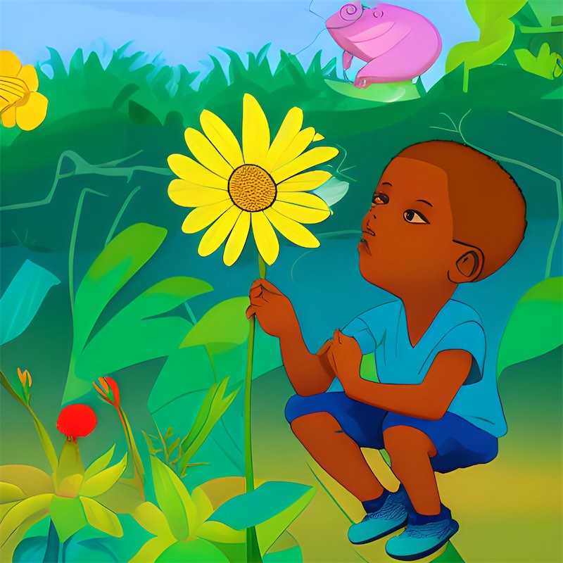 an illustration with a boy in the foreground mindful listening to nature, looking at a frog next to a colorful flower. 