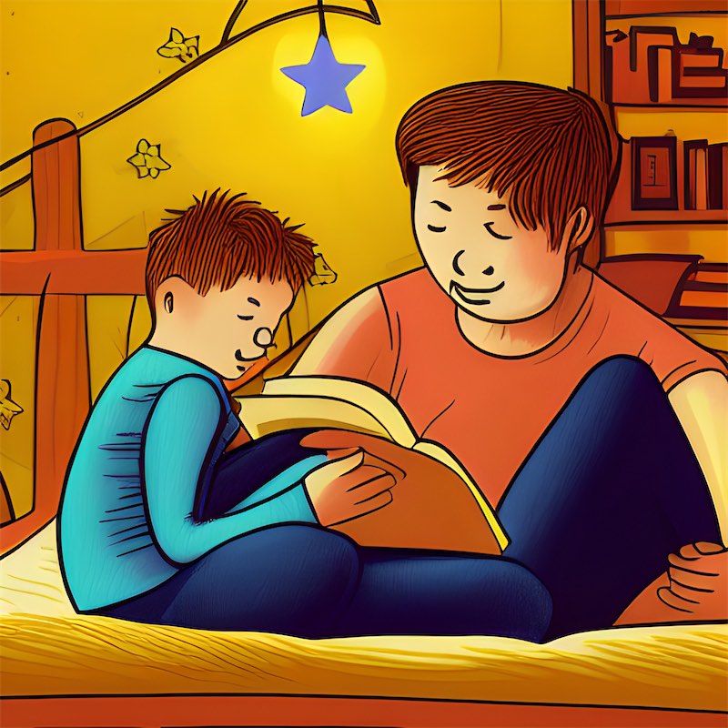 an illustration father in present moment, reading son a bedtime story, bright room, stars