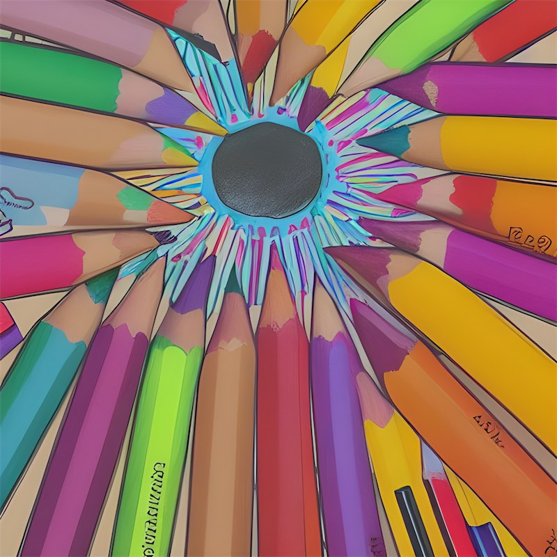 Illustration of pencil crayons, brightly colored fun and a whimsical aesthetic.