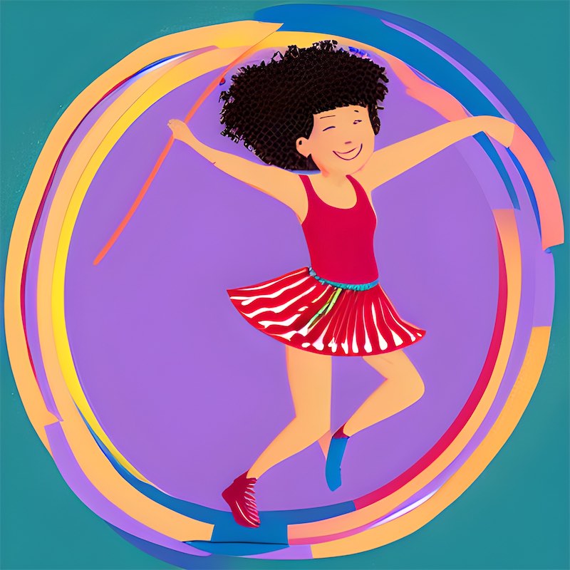  illustration girl using a hula hoop, fun whimsical bright