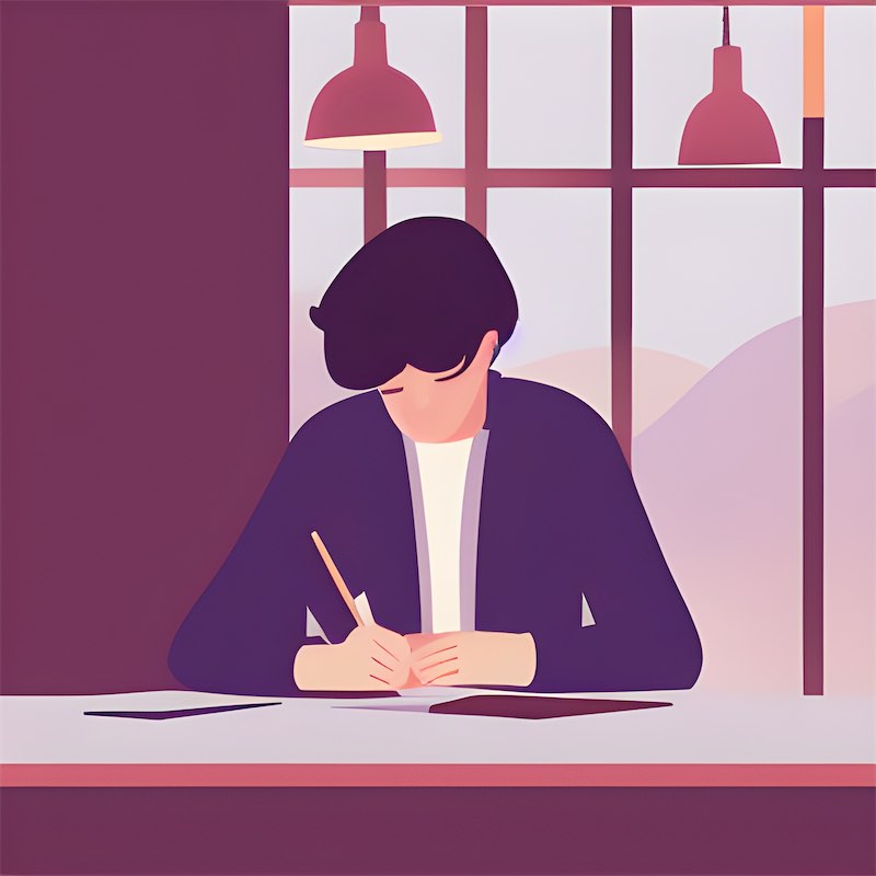  illustration boy, sitting at a desk in a brightly lit room, writing in a present moment  journal. peaceful, dreamy and calming