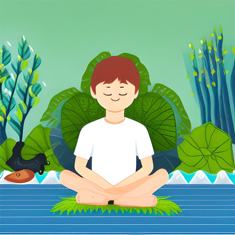 mindful moments illustration boy deep breathing sitting in a lotus position with his eyes closed. The setting could be a garden or nature scene, with peaceful-looking animals nearby, calm and serene.
