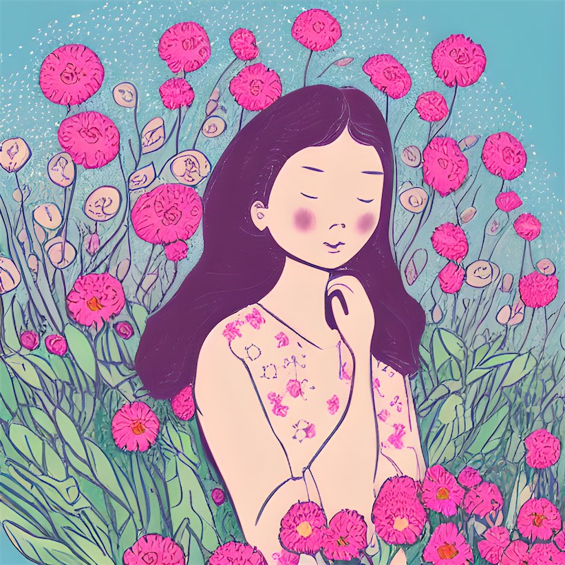 A girl sitting in a field of flowers, with a serene look on her face. The illustration isbright, and has a vintage feel to it.