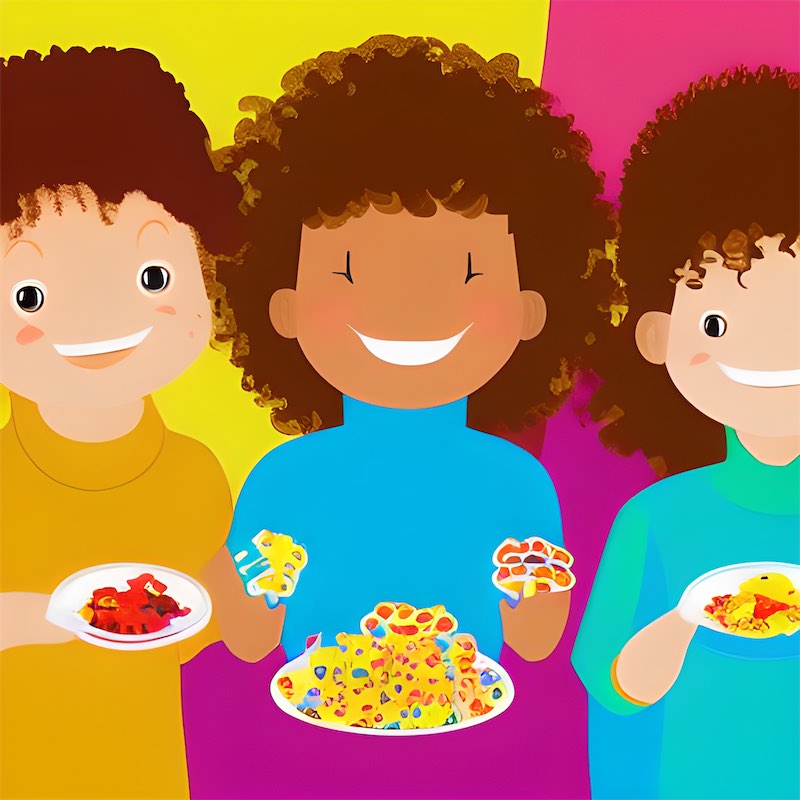  fun, colorful illustration of elementary school students with mindful awareness eating snacks.
