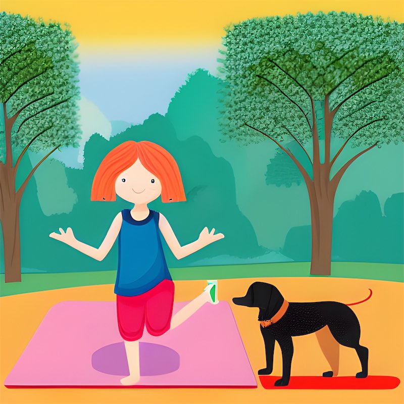 illustration 10-year-old girl stretching with a dog. a nature setting, with trees and plants in the background. bright and colorful, fun and playful.