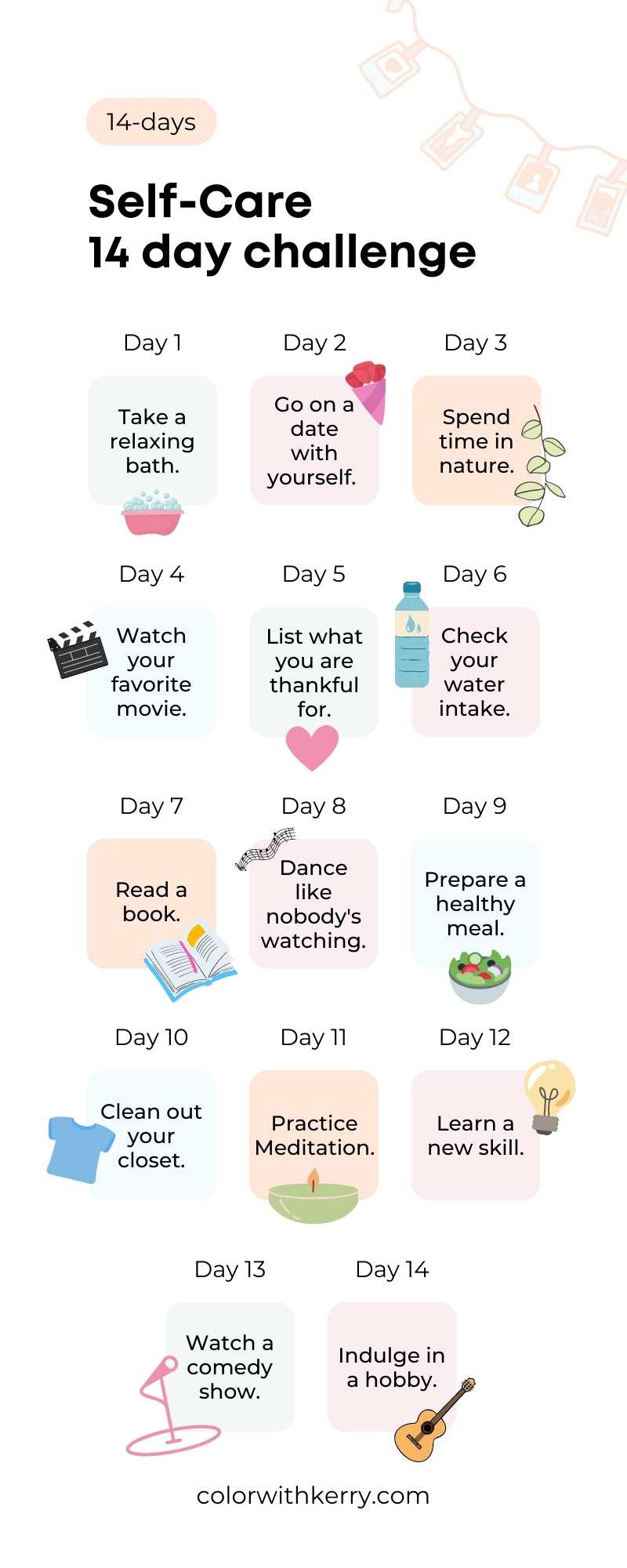 Infographic of a 14 day self care challenge with inspiration for beginners
