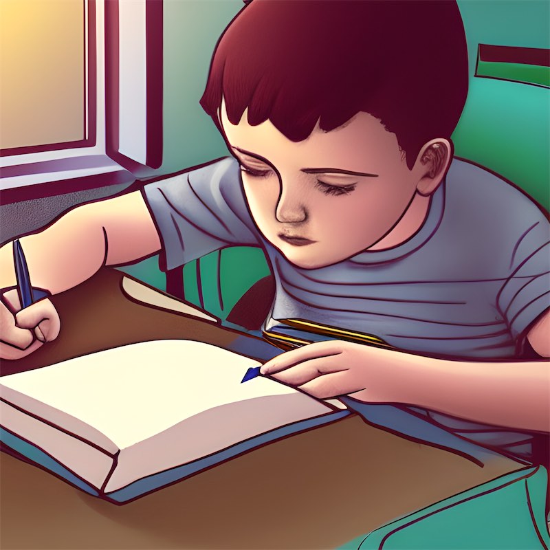 illustration a close-up shot of a boy writing with journal prompts to improve mental health. The scene would be in a bright, airy room. music