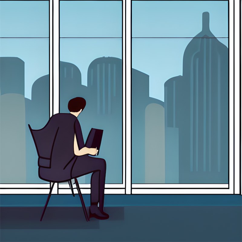 digital art illustration, candid shot of someone looking out a window at a cityscape while they sit in a comfortable chair. peaceful