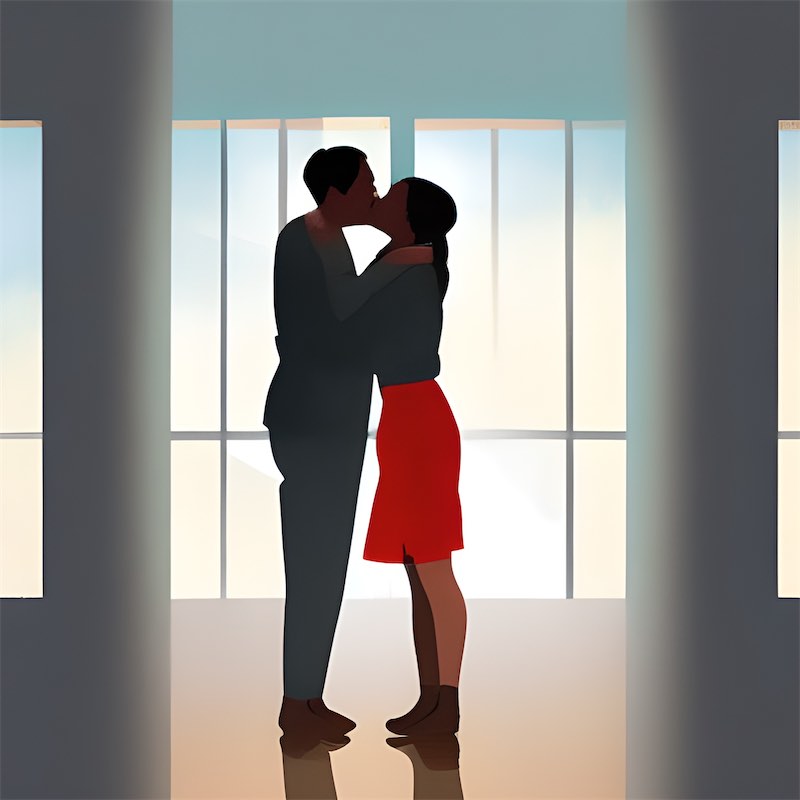 digital art illustration, two people kissing. set in a bright and airy space, with soft light filtering in through a window