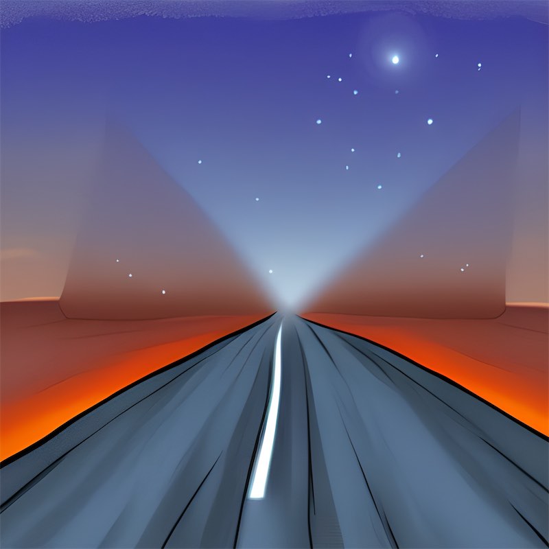 illustration digital art an empty road at night. The sky would be dark, and the road would be lit up by the headlights of a car 