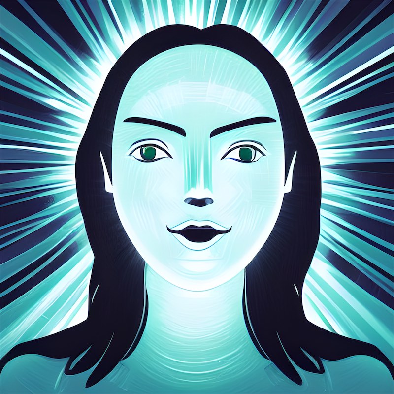  illustration a person's face with journal prompts ideas, with a bright light in the background creating a halo effect. The mood is optimistic and the aesthetic is clean and simple.
