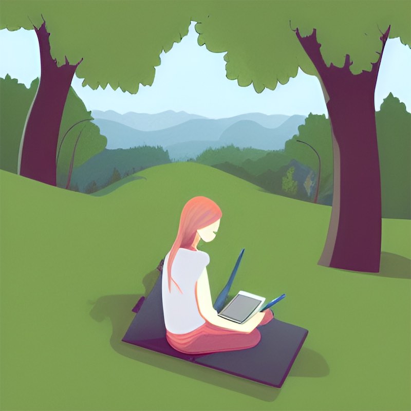 illustration someone sitting in nature, writing journal prompts. The scene would be peaceful, with rolling hills and trees in the background. digital art