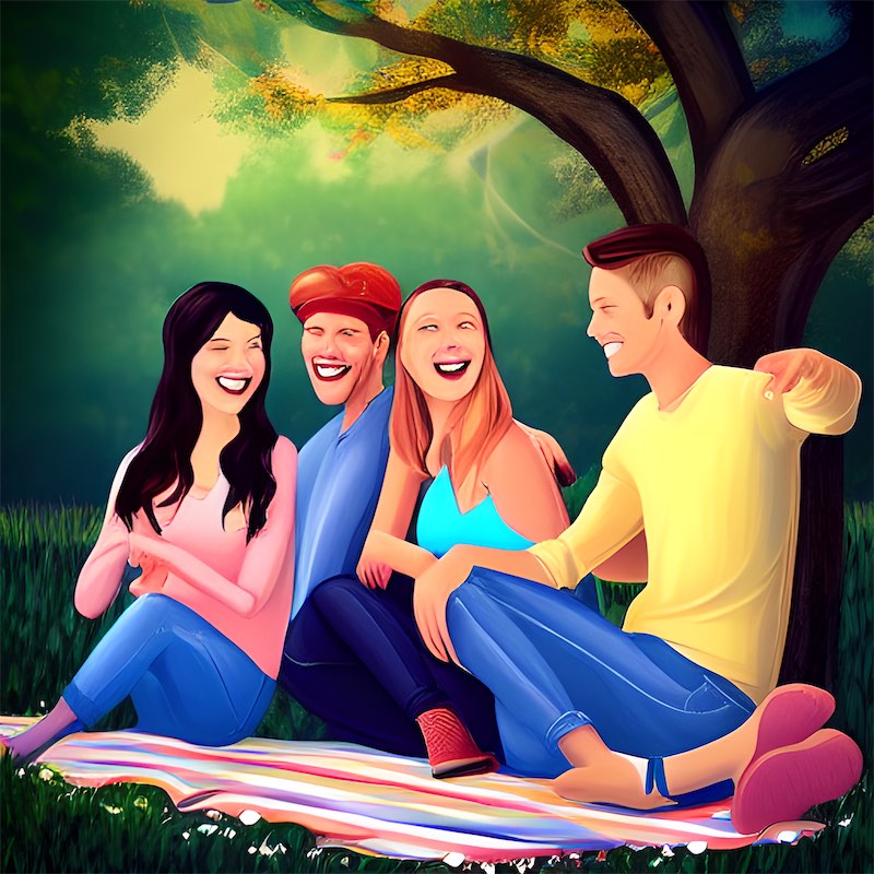 digital art illustration. a person smiling surrounded by friends.  outdoors  at a picnic, and the mood would be cheerful and relaxed. joyfulness
