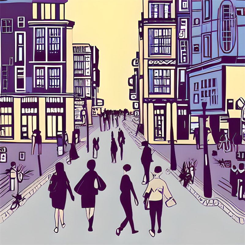 illustration digital art people walking through a busy city street. urban aesthetic.