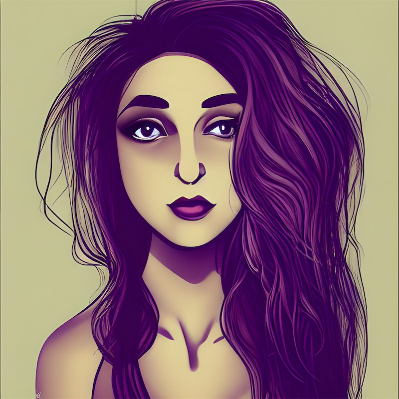 digital art illustration. young woman looking in a mirror,  wearing a dress. long, wavy hair, dramatic makeup. confident and sexy, glamour.