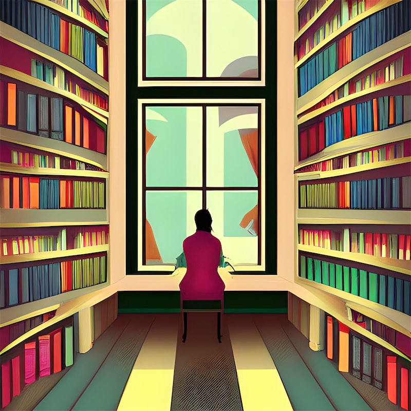 digital art illustration, a creative writer thinking of her journaling idea set in a library or study, with natural light pouring in from a window classical mood.