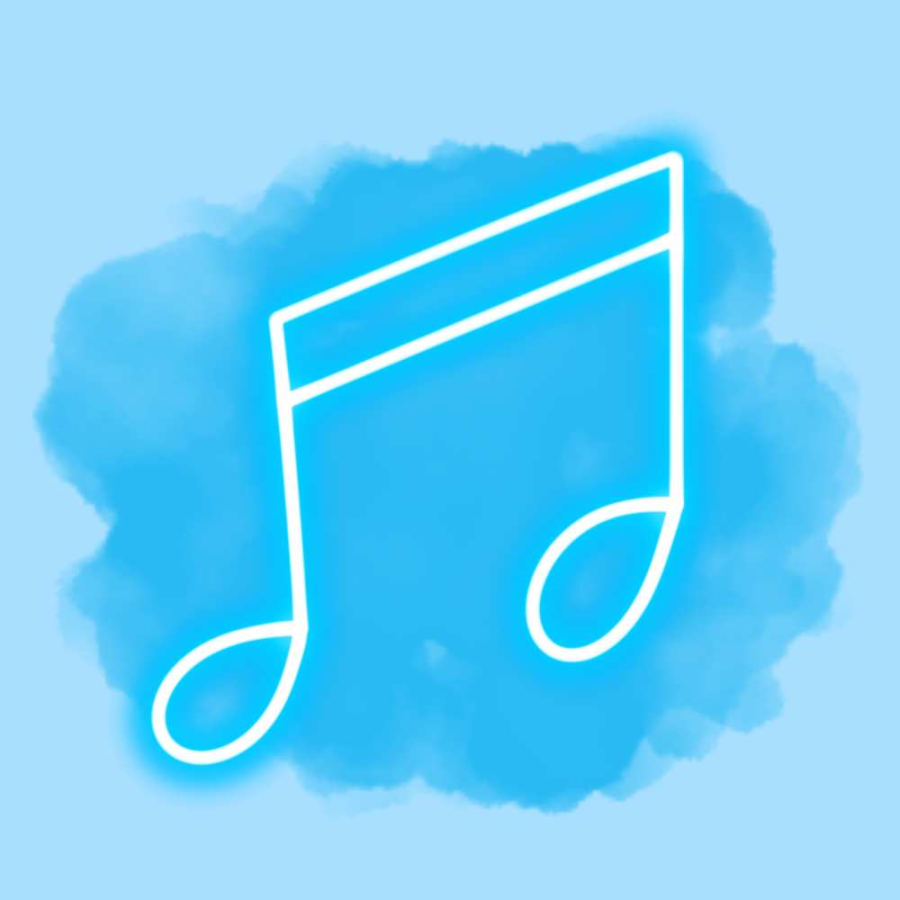 neon music note on light blue background