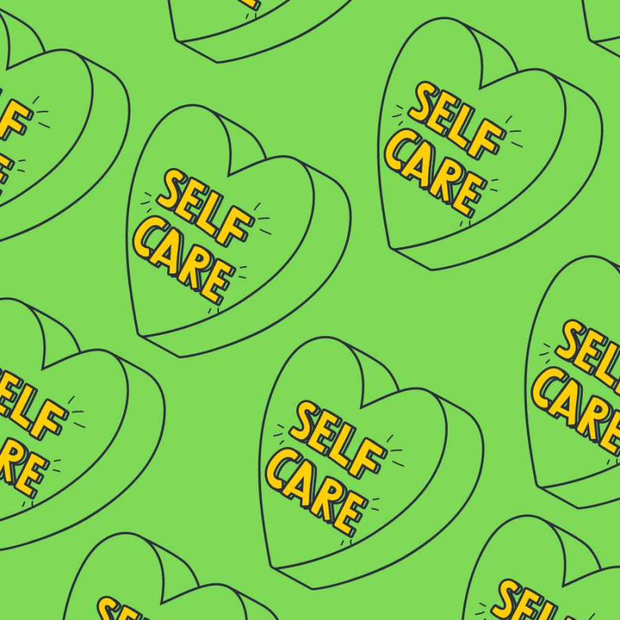a pattern of self care slogan green hearts on a self care background