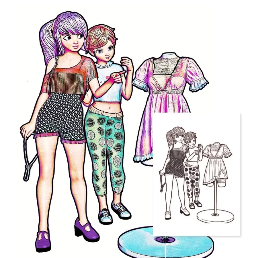 A partially colored fashion printable for girls