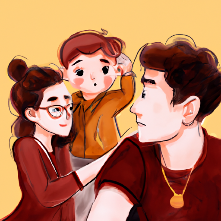 An illustration of a young family in brown tones