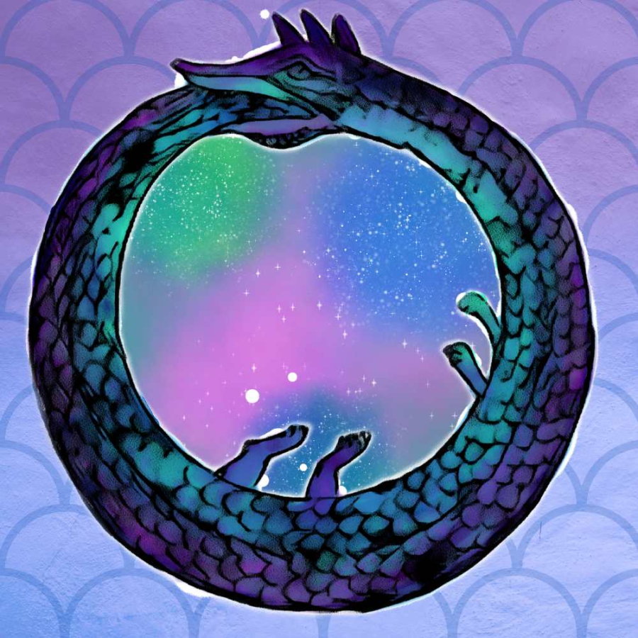 fantasy dragon loops around a dream galaxy