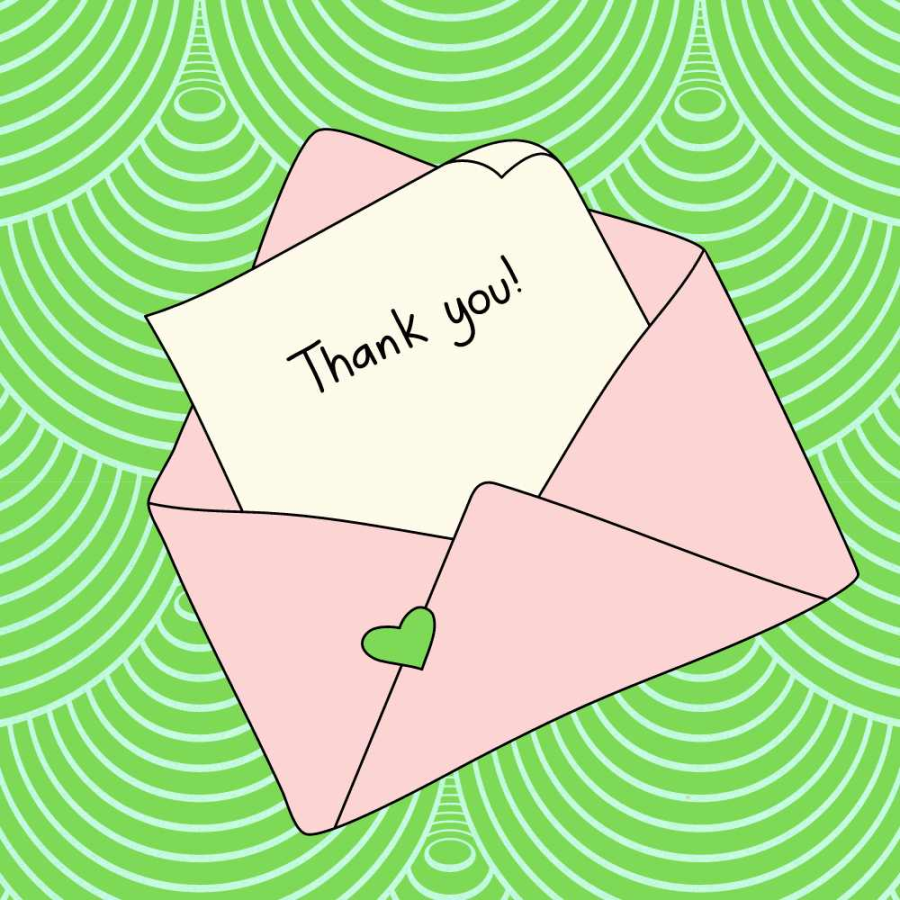 green wave background with a thank you letter inside pink envelope