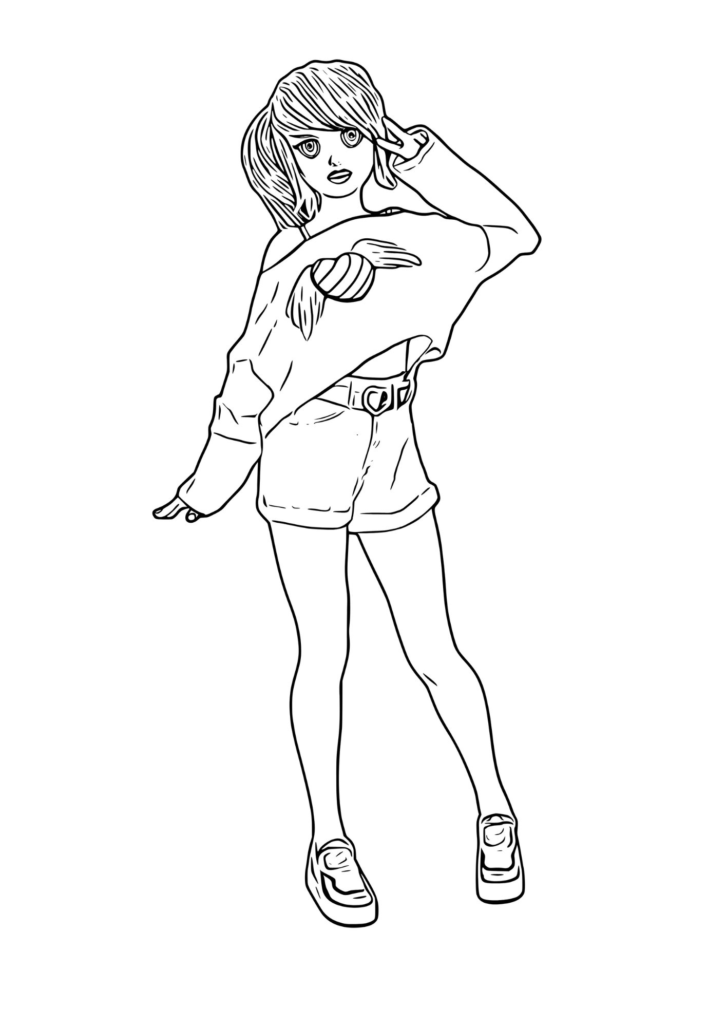 Trendy girl in sweatshirt and shorts coloring page