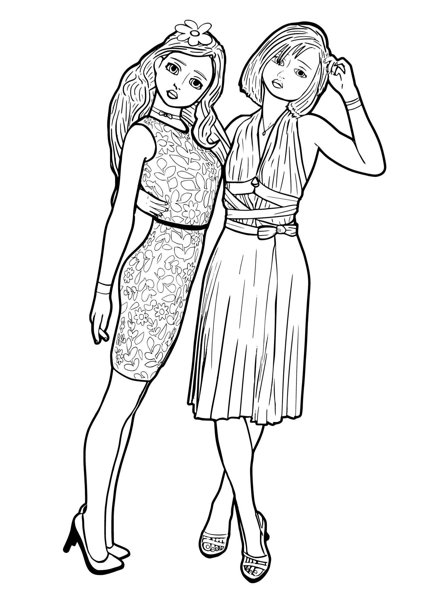 Coloring page featuring stylish women enjoying a day out
