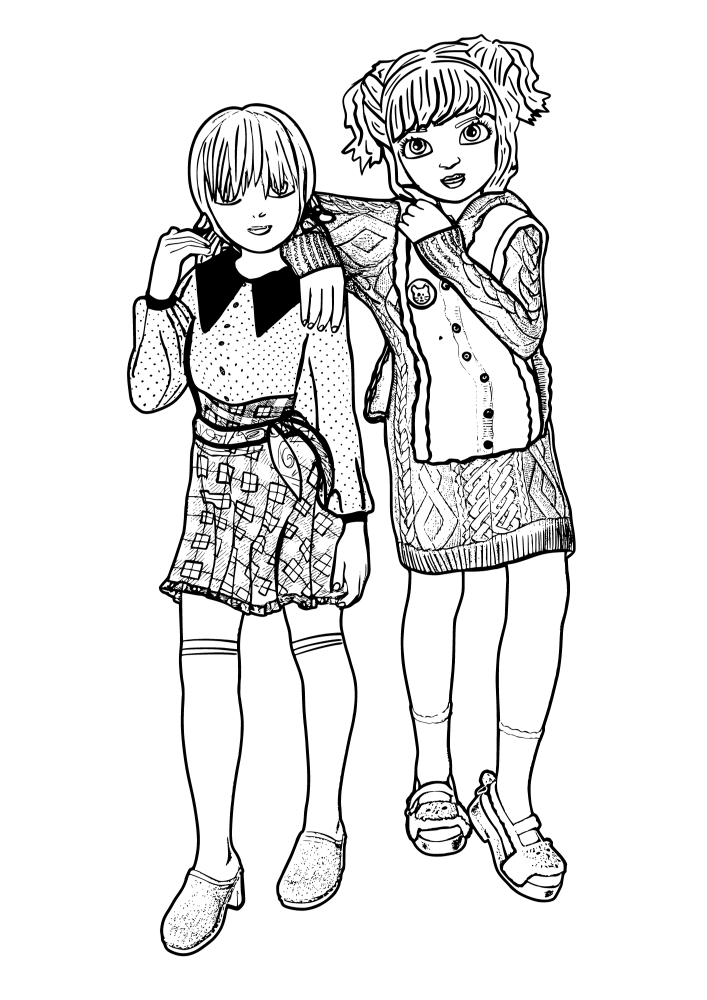 Black and white sketch of fashionable friends for coloring