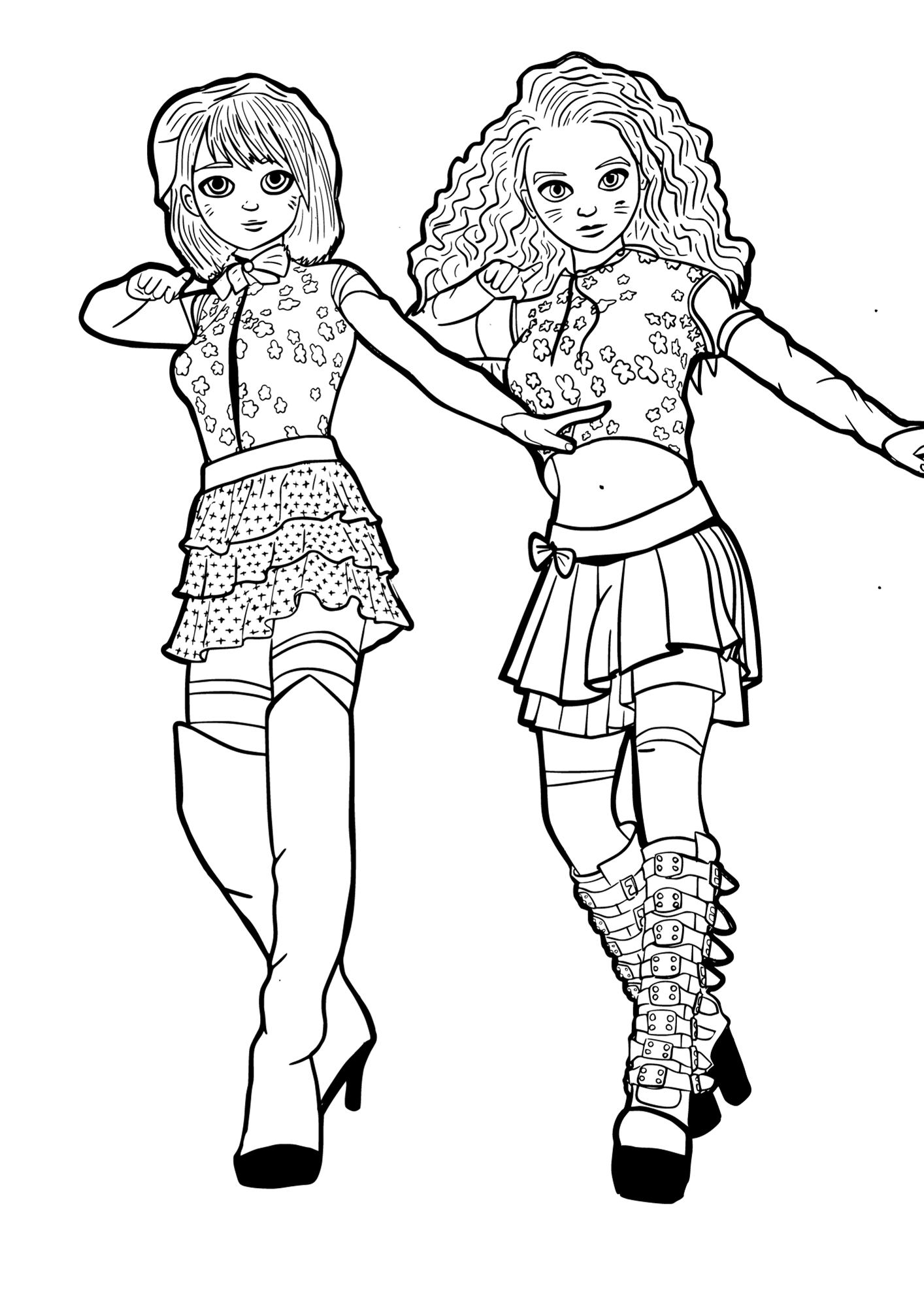 Monochrome coloring page of two fashionista friends dancing